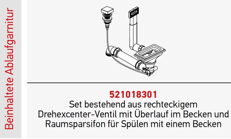 Ablaufgarnitur-Set mit rechteckigem Drehexcenter-Ventil, Überlauf und Raumsparsiphon