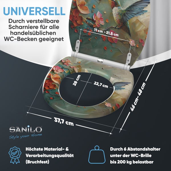WC-Sitz mit Blumendesign und Kolibri-Motiv sowie Größenangaben