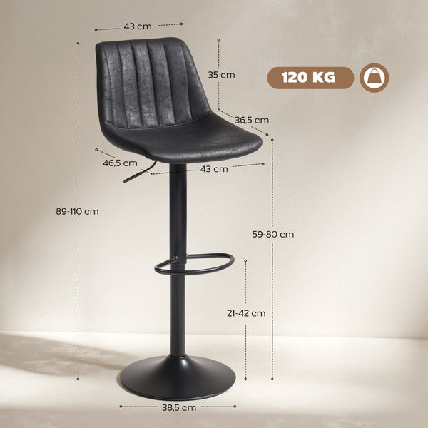 Barhocker aus schwarzem Kunstleder mit Maßen: Höhe 89 bis 110 Zentimeter, Sitzhöhe 59 bis 80 Zentimeter, Belastbarkeit bis 120 Kilogramm.