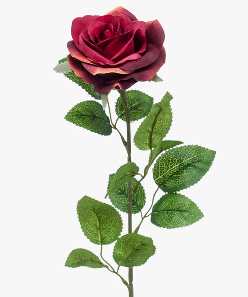 Künstliche Rose in Rot mit grünem Stiel und Blättern.