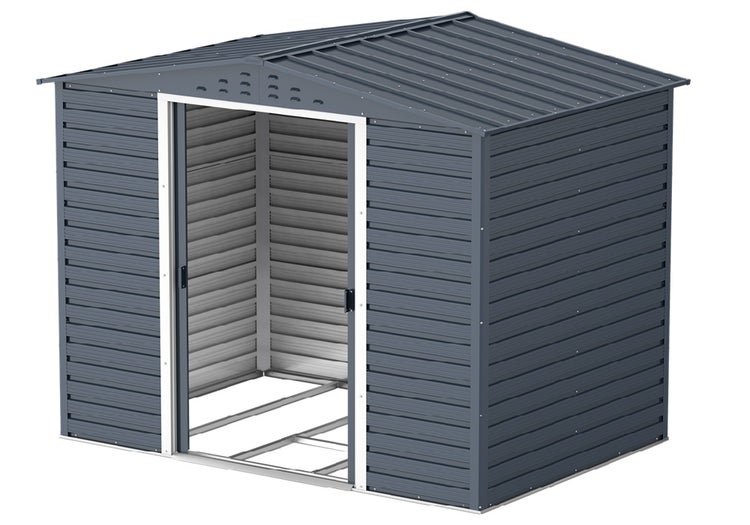 Gartenhaus aus Metall in Anthrazit mit Satteldach und weit geöffneten Schiebetüren. Das Gerätehaus verfügt über Belüftungsschlitze.