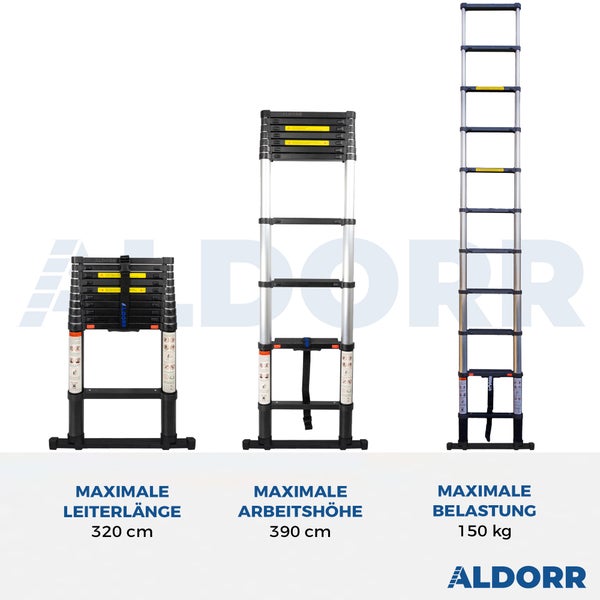 ALDORR Professional - Teleskopleiter 3,20M mit ausziehbarer Stabilisatorstange - Belastbarkeit bis zu 150kg - Soft-Close-System