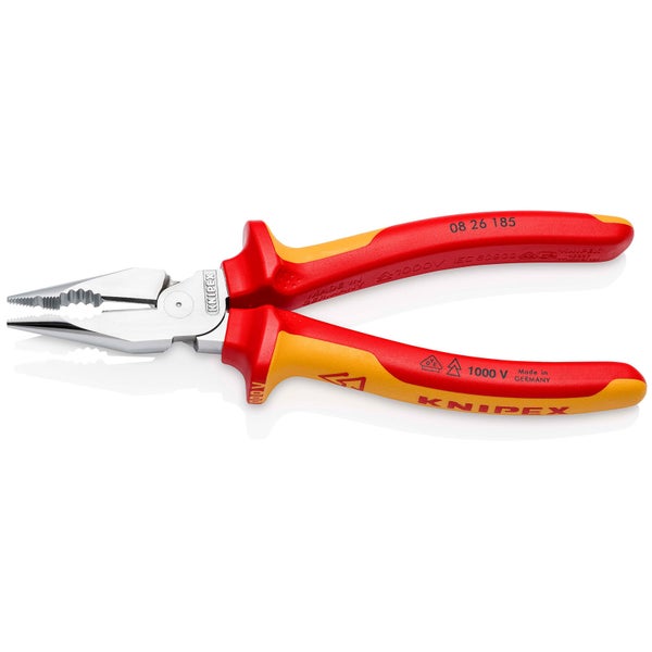 Knipex Spitz-Kombizange isoliert mit Mehrkomponenten-Hüllen VDE-geprüft verchromt 185 mm - 0826185