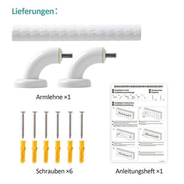 Lieferumfang eines Haltegriffs mit strukturierter Armlehne, zwei Wandhaltern, sechs Schrauben, sechs Dübeln und einer Montageanleitung.