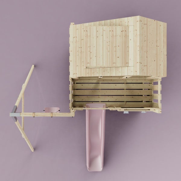 Draufsicht auf ein Spielhaus mit Rutsche und Schaukel aus Holz