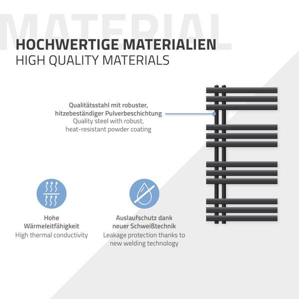 ECD Germany Iron EM Design Badheizkörper Elektrisch 500 x 1000 mm Anthrazit mit Heizstab 600W Chrom Große Leistung - Designheizkörper Paneelheizkörper Heizkörper Handtuchwärmer Handtuchtrockner
