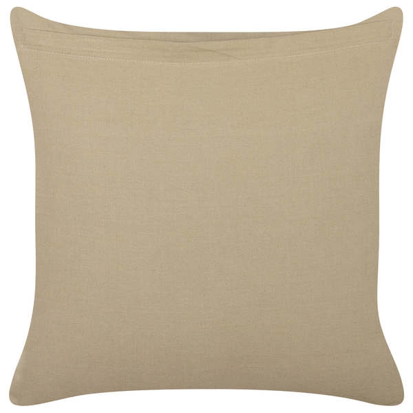 Quadratische Kissenhülle aus gewebtem Stoff in Beige.