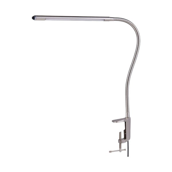 Silberne LED Klemmleuchte aus Metall mit flexiblem Arm und Schraubklemme.