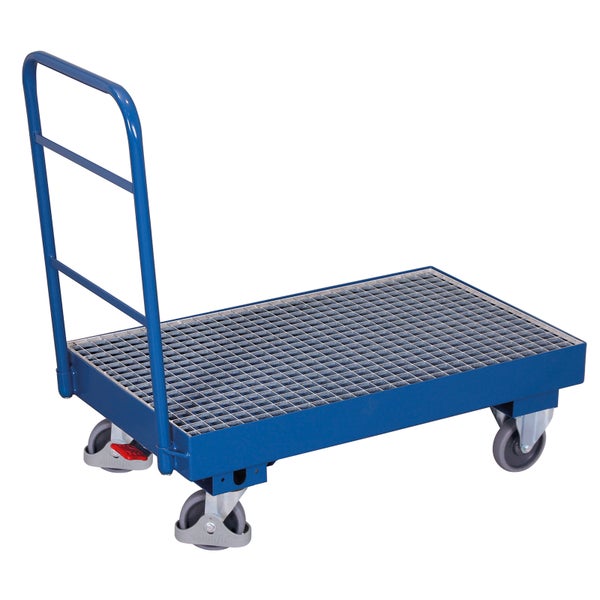 Blauer Plattformwagen mit Gitterrostboden, Schiebebügel und vier Rollen.