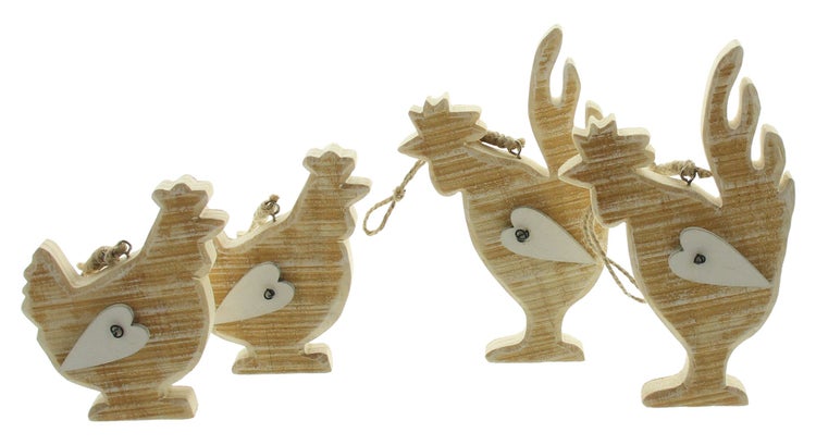 FRANK FLECHTWAREN | Hänger Huhn & Hahn, 4er Set, HOLZ, SISAL, H: 10cm, H: 15cm