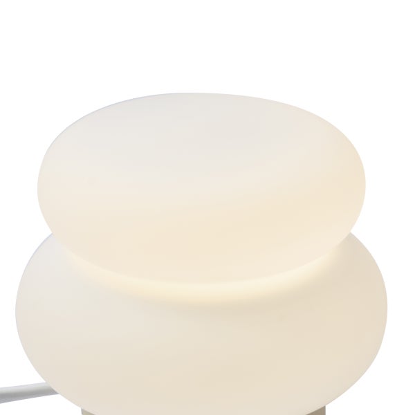 Moderne weiße Tischleuchte aus mattiertem Glas mit zwei runden, gestapelten Elementen.