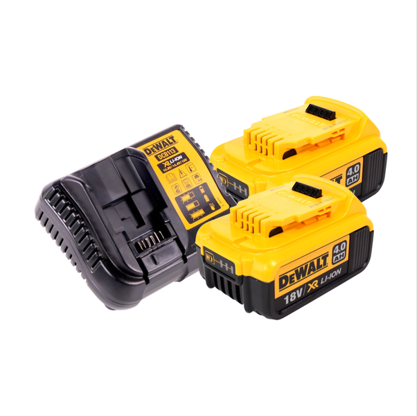 DeWalt Starter-Set bestehend aus einem Ladegerät und zwei 18 Volt 4,0 Amperestunden Lithium-Ionen-Akkus.