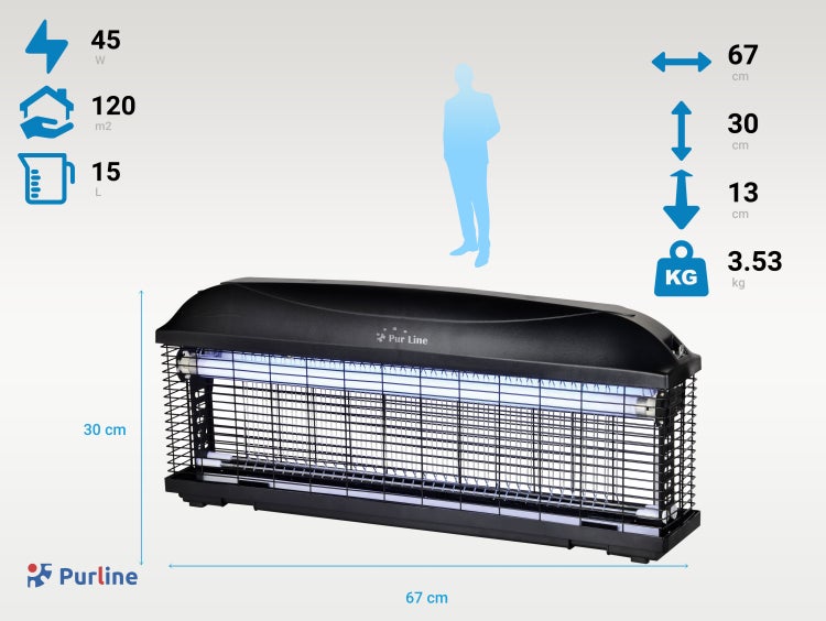 Purline Insektenvernichter mit den Maßen 67 x 30 x 13 cm, 45 Watt Leistung, geeignet für Räume bis 120 Quadratmeter und einem Fassungsvermögen von 15 Liter.