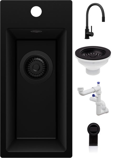 Schwarzes Einbauspüle-Set mit Spülbecken, Armatur, Ab- und Überlaufgarnitur sowie Siphon.