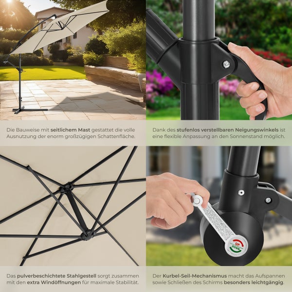 Freiarmschirm mit 360 Grad Drehfunktion und wasserabweisendem Bezug