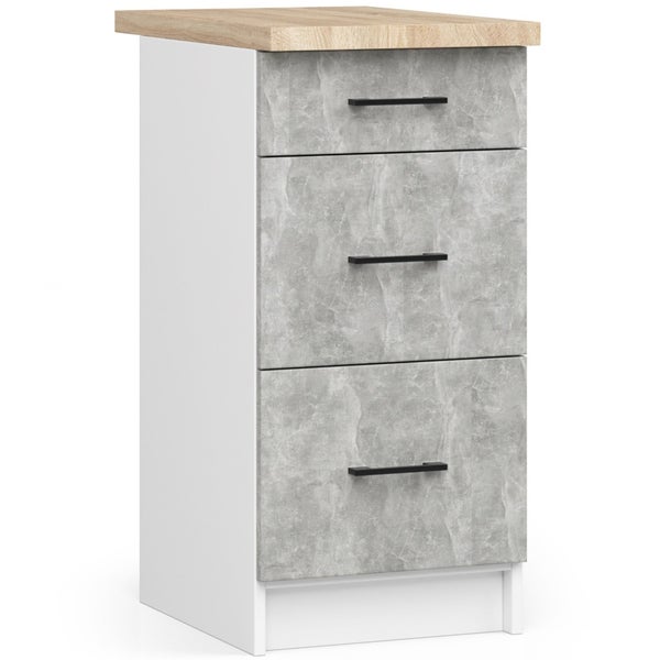 Nachtkonsole mit drei Schubladen, Holzstruktur und grauer Steinoptik