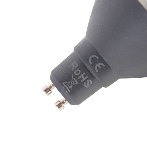 GU10-Leuchtmittelsockel mit CE-Kennzeichnung, RoHS-Konformität und Symbol für die Entsorgung von Elektroaltgeräten.