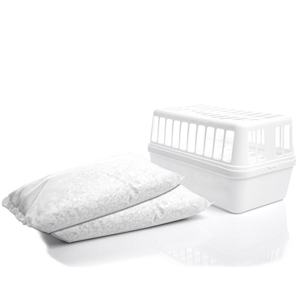 Luftentfeuchter mit Kunststoffbehälter und zwei Nachfüllbeuteln