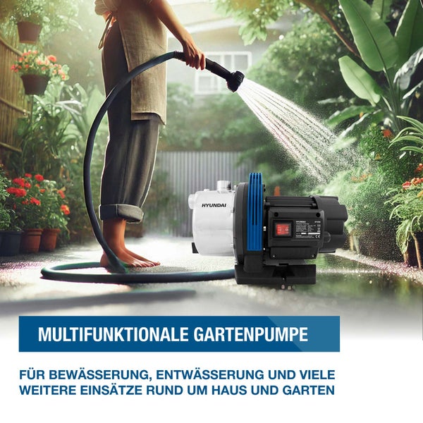 Hyundai multifunktionale Gartenpumpe im Einsatz zur Bewässerung von Pflanzen im Garten, geeignet für Bewässerung und Entwässerung.