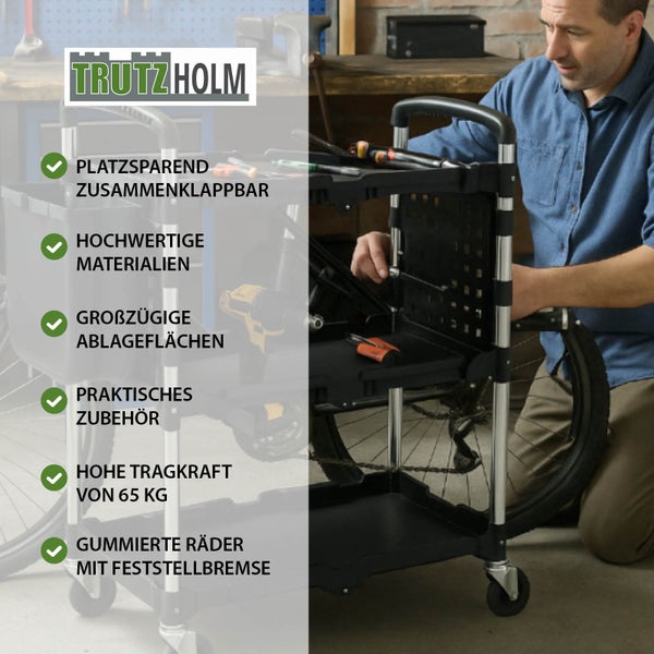 Werkstattwagen mit maximaler Belastbarkeit von 65 kg aus Stahl und Kunststoff in drei verschiedenen Ansichten.