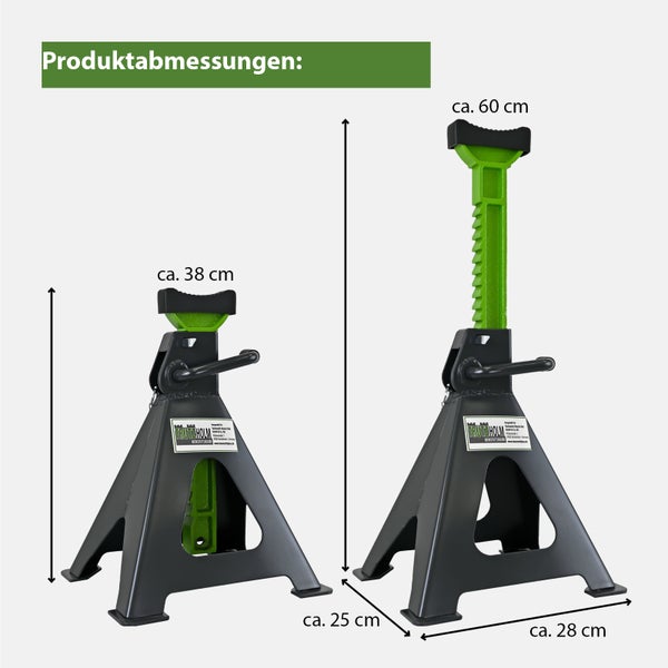 Zwei Unterstellböcke in unterschiedlichen Höhen mit Maßangaben von circa 38 Zentimeter bis 60 Zentimeter.