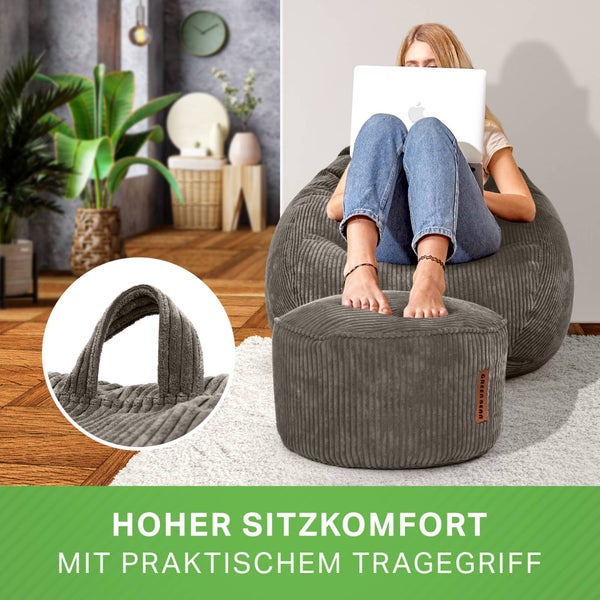 Green Bean 2er Set Indoor XXL Sitzsack + Pouf mit EPS-Perlen Füllung - Fußhocker Fußkissen Hocker Bodenkissen Liegekissen Sitzkissen Lounge Chair - Anthrazit