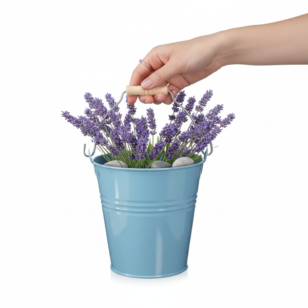 Hand hält einen blauen Metalleimer gefüllt mit Lavendel, Gras und Kieselsteinen, mit Holzgriff.