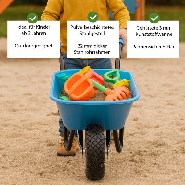 Kinder-Schubkarre für draußen ab 3 Jahren mit 3 Millimeter Kunststoffwanne, 22 Millimeter Stahlrohrrahmen und pannensicherem Rad.