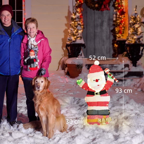 Beleuchteter Weihnachtsmann mit Zuckerstange, 93 Zentimeter hoch, 52 Zentimeter breit, 30 Zentimeter tief, in verschneiter Außenszene.