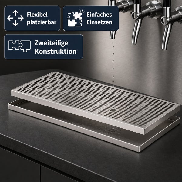 Zweiteilige Tropfschale aus Edelstahl für Zapfanlagen mit flexibler Platzierung und einfachem Einsetzen unter den Zapfhähnen.
