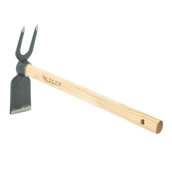 Adler Gartenhacke mit zwei Zinken und einem Blatt aus Stahl sowie einem Holzstiel