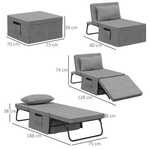 HOMCOM 4-in-1 Klappbett 75x190 cm, Erwachsene Gästebett Klappbar mit 8 cm Dicker Schaumstoff, Reisebett mit Metallrahmen, 5-stufig höhenverstellbares Einzelbett mit Kissen, bis 150 kg belastbar