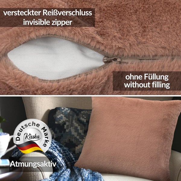 Kissenhülle aus Kunstfell mit verdecktem Reißverschluss, ohne Füllung, atmungsaktiv, Kisska Logo.