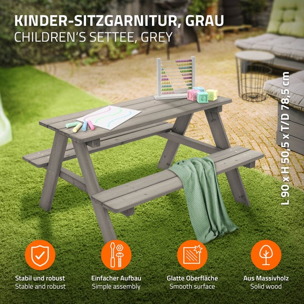 ML-Design Kindersitzgarnitur für Draußen, Grau, Sitzgruppe Outdoor 2 Bänke mit Tisch, Garten Kindersitzgruppe mit 4 Plätzen, Sitzgarnitur für Kinder Massivholz, Picknicktisch Kinder, Spielsitzgruppe