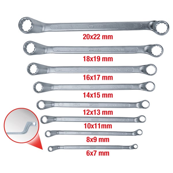 Set aus acht Ringmaulschlüsseln aus Chrom-Vanadium-Stahl in verschiedenen Größen