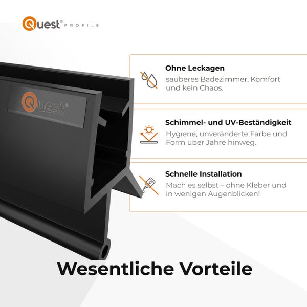 Quest Profile Logo. Duschdichtung mit Details: wasserdicht, schimmelresistent, ultraviolett-beständig und schnelle Montage ohne Kleber.