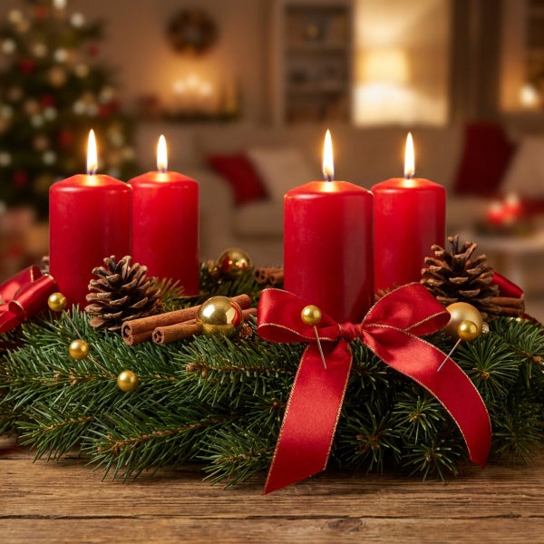 Adventskranz mit vier brennenden Stumpenkerzen, geschmückt mit Tannenzweigen, Tannenzapfen, Zimtstangen und Schleifen in einer weihnachtlichen Stube