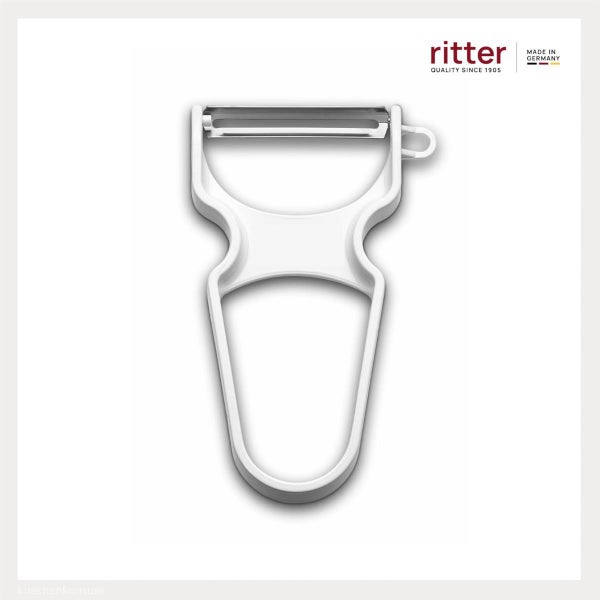 ritter Sparschäler aus weißem Kunststoff mit Metallklinge und ergonomischem Griff, hergestellt in Deutschland, ritter Logo.