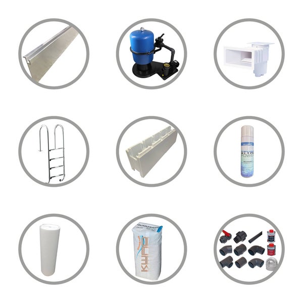 Zubehörset für den Poolbau mit Sandfilteranlage, Poolleiter, Skimmer, Schalsteinen aus Polystyrol, Kleber, Quarzsand und Anschlussset aus Kunststoff.