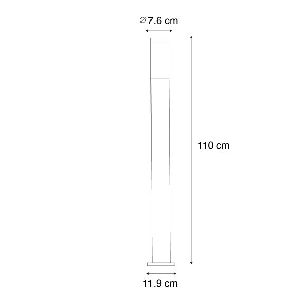 Maßzeichnung einer Wegeleuchte mit einer Höhe von 110 Zentimeter, einem Durchmesser von 7,6 Zentimeter und einem Sockel von 11,9 Zentimeter.