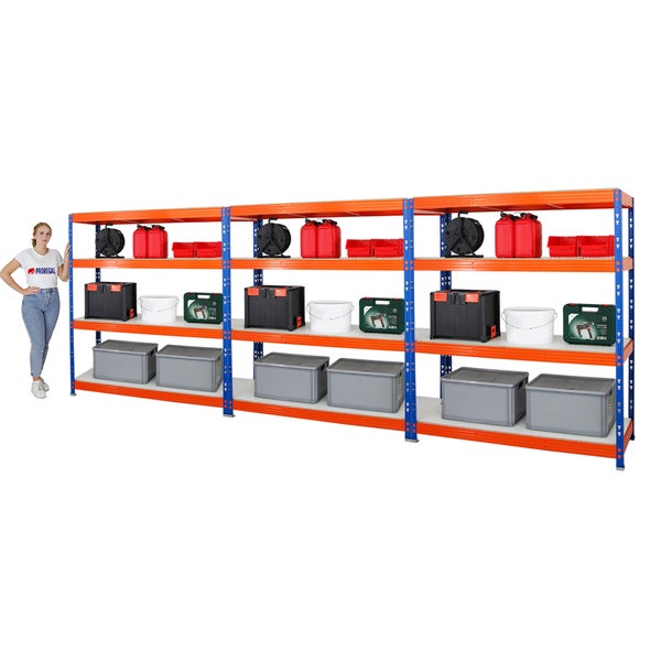 PROREGAL Mega Deal 3x Profi Schwerlastregal Rhino HxBxT 180 x 160 x 60 cm 4 Melamin-Ebenen 16mm Fachlast 500 kg Blau-Orange