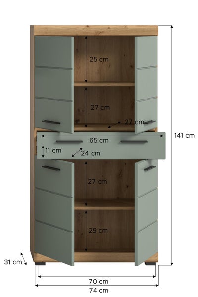 Ein Hochschrank mit zwei Türen, einer Schublade und Maßangaben für die Innen- und Außenmaße.