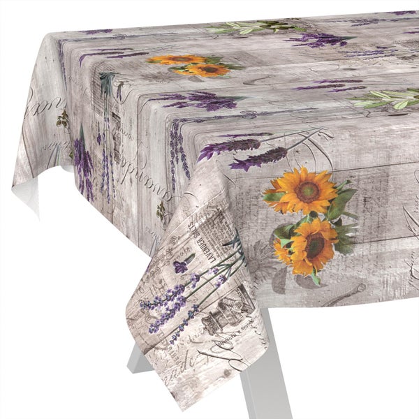 Wachstuchtischdecke mit Blumenmuster, Sonnenblumen, Lavendel und Holzoptik.