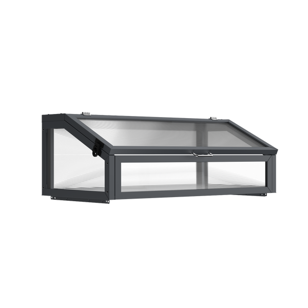 Frühbeet-Aufsatz aus anthrazitfarbenem Metall mit transparenten Polycarbonat-Stegplatten und aufklappbarem Deckel.