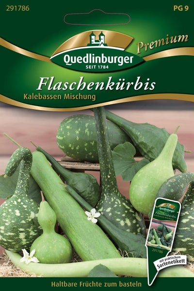 Quedlinburger Logo, Samentüte Flaschenkürbis Kalebassen Mischung mit verschiedenen dekorativen Kürbisformen für Bastelzwecke.