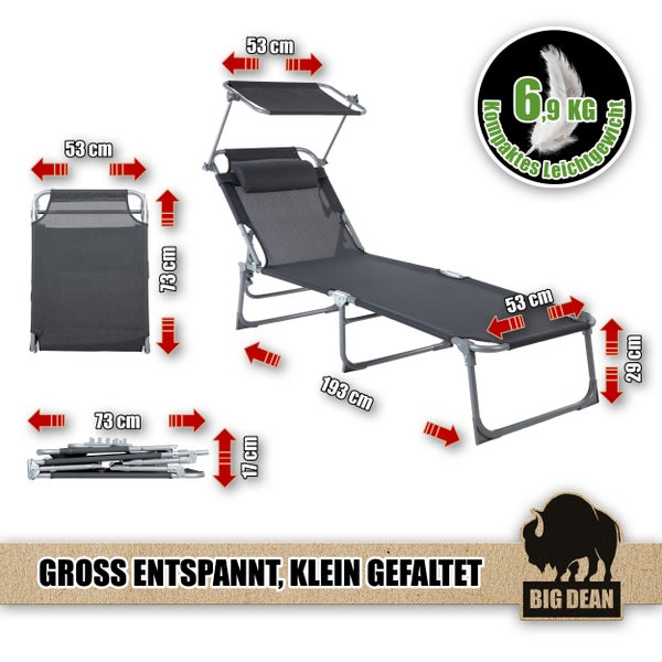 Big Dean Sonnenliege mit Maßen für aufgebauten und zusammengeklappten Zustand