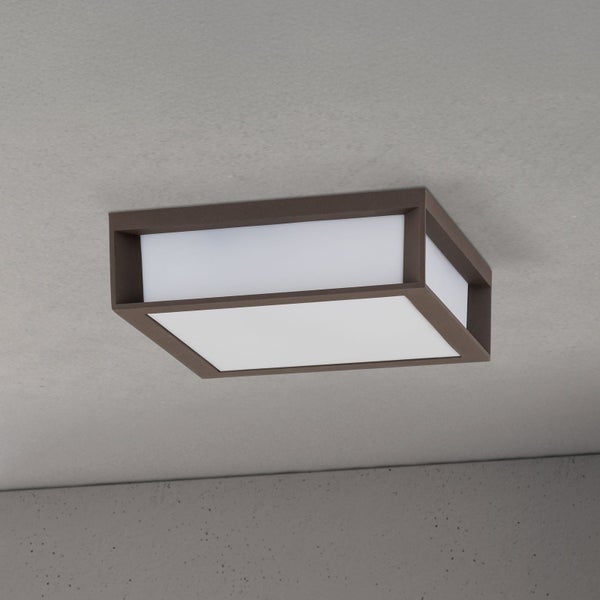 Moderne quadratische Deckenleuchte oder Wandleuchte mit dunkelbraunem Rahmen und weißem Diffusor.