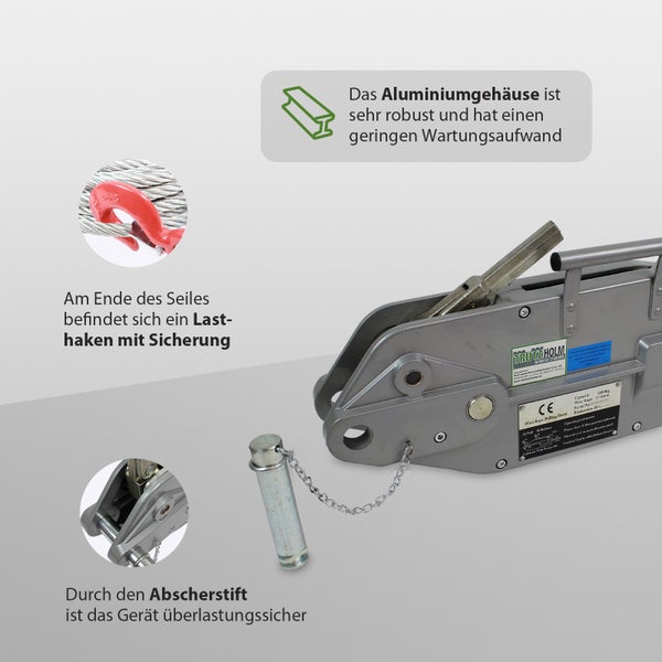 TrutzHolm Seilzug mit Aluminiumgehäuse, Lasthaken mit Sicherung und Abscherstift zur Überlastsicherung für Hebearbeiten.