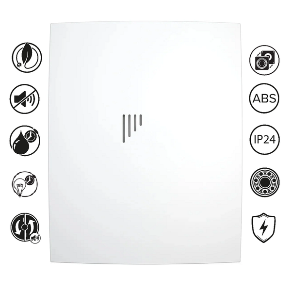 Produktbild mit Umweltfreundlichkeitszeichen, Geräuschlos-Symbol, Feuchtigkeitssensor, Timer-Funktion, Automatikbetrieb, wiederverwendbaren Teilen, ABS-Kunststoff, IP24-Schutzart, Kugellager und Überspannungsschutz