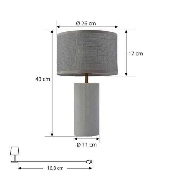Abbildung einer Tischleuchte mit den Maßen Höhe 43 cm, Lampenschirmdurchmesser 26 cm und Fußdurchmesser 11 cm